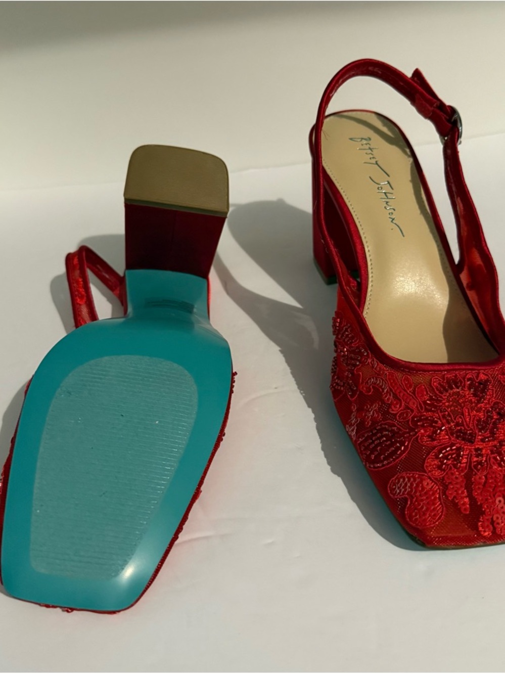 Betsey Johnson Red Embroidered Slingback Block Heel - Picture 9 of 11